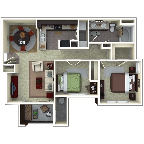 Floor plan for 2 beds, 1 bath, 970 sqft